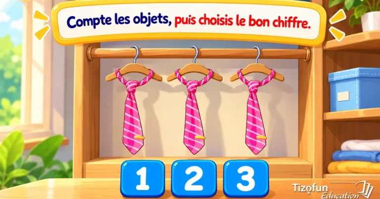 Compte les objets, puis choisis le bon chiffre : trois cravates roses suspendues à une penderie, au-dessus des chiffres 1, 2 et 3.