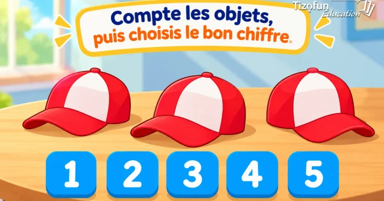 Compte les objets, puis choisis le bon chiffre : trois casquettes rouges posées sur une table, au-dessus des chiffres de 1 à 5.
