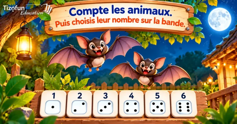 Compte les animaux, puis choisis leur nombre sur la bande : deux chauves-souris volent dans un jardin la nuit, au-dessus d'une bande de 1 à 6 avec les faces de dé.