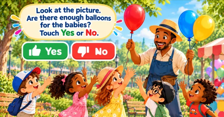 Look at the picture. Are there enough balloons for the babies? Touch Yes or No: a balloon seller holds three balloons in front of a group of children in a park.