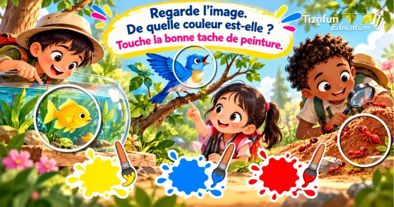 Regarde l'image : de quelle couleur est-elle ? Des enfants explorateurs observent un poisson jaune, un oiseau bleu et des fourmis rouges, avec trois taches de peinture jaune, bleue et rouge.
