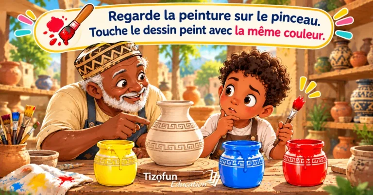 Regarde la peinture sur le pinceau, choisis le dessin peint avec la même couleur : un potier et un enfant devant des pots jaune, bleu et rouge.