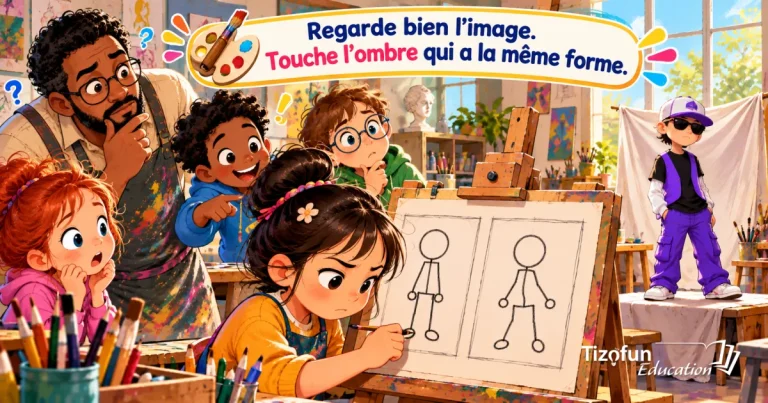 Regarde bien l'image, choisis l'ombre qui a la même forme : des enfants dans un atelier d'art comparent deux silhouettes dessinées sur un chevalet.