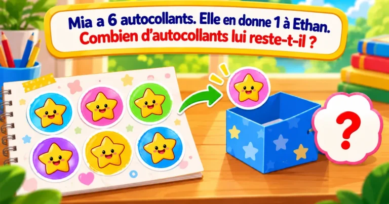 Mia a 6 autocollants. Elle en donne 1 à Ethan. Combien d'autocollants lui reste-t-il ? Une planche d'autocollants en étoiles souriantes, une étoile qui s'envole vers une boîte, et un grand point d'interrogation.