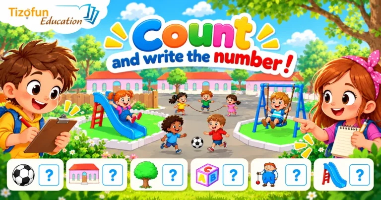Count and write the number! Children play in a playground with a slide, swings and a ball, above boxes to fill in for the ball, the school, the tree, the blocks, the child and the slide.