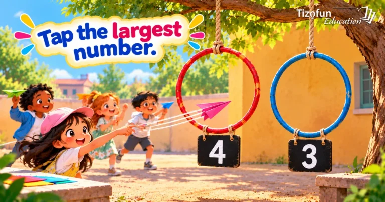Choose the largest number: children throw paper planes through two hoops hanging from a tree, marked 4 and 3.