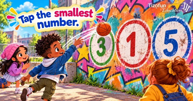Choose the smallest number: children throw a basketball at a painted wall with the numbers 3, 1 and 5.