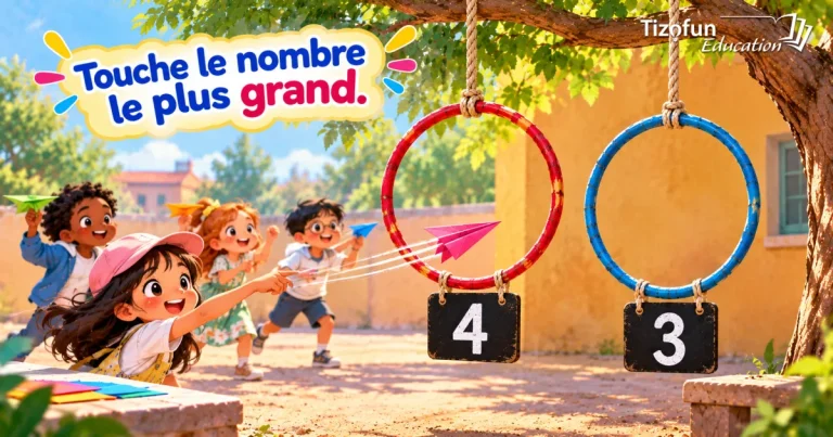 Choisis le nombre le plus grand : des enfants lancent des avions en papier vers deux anneaux suspendus à un arbre, numérotés 4 et 3.