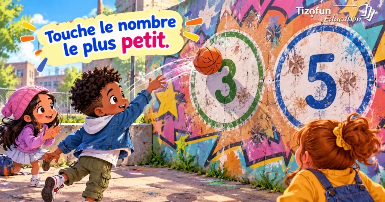 Choisis le nombre le plus petit : un enfant lance un ballon de basket vers deux cercles peints sur un mur de graffitis, numérotés 3 et 5.