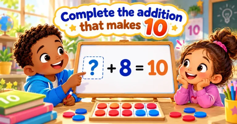 Complete the addition that makes 10: two children at a whiteboard showing ? + 8 = 10, with red and blue counters in a ten frame.