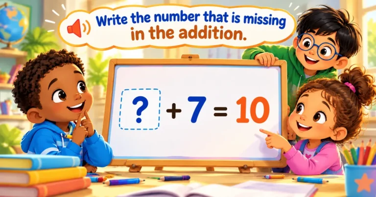 Write the number that is missing in the addition: three children at a whiteboard showing ? + 7 = 10.