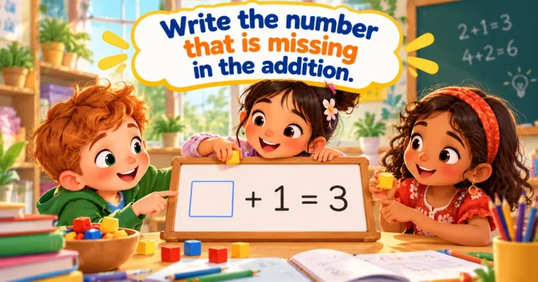 Write the number that is missing in the addition: three children around a small whiteboard showing an empty box + 1 = 3, with cubes on the table.
