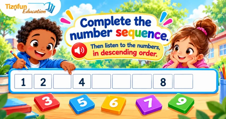 Complete the number sequence, then listen to the numbers in descending order: two children at a number strip from 1 to 10 with gaps, above the tiles 3, 5, 6, 7 and 9.