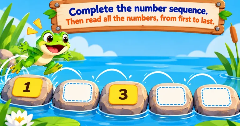 Complete the number sequence, then read all the numbers from first to last: a frog jumps across five stepping stones in a pond, marked 1, an empty box, 3 and two empty boxes.