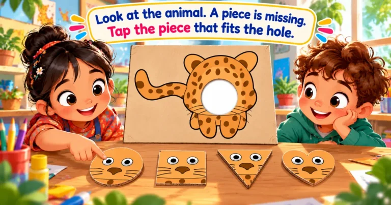Look at the animal. A piece is missing. Choose the piece that fits the hole: a cardboard leopard with a round hole, and four pieces below — a circle, a square, a triangle and a heart.