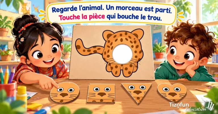 Regarde l'animal, un morceau est parti : deux enfants cherchent la pièce ronde, carrée, triangulaire ou en cœur qui bouche le trou du léopard.