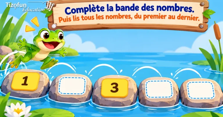 Complète la bande des nombres, puis lis tous les nombres, du premier au dernier : une grenouille saute sur cinq pierres dans l'eau, marquées 1, une case vide, 3 et deux cases vides.