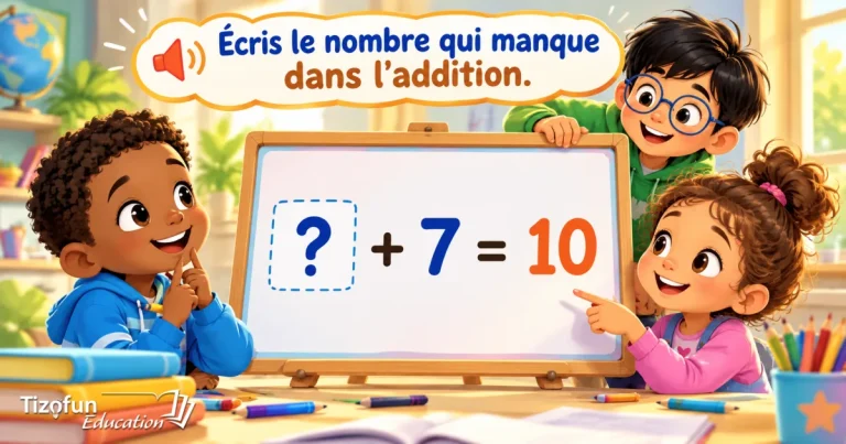 Écris le nombre qui manque dans l'addition : trois enfants autour d'un tableau blanc où est écrit ? + 7 = 10.
