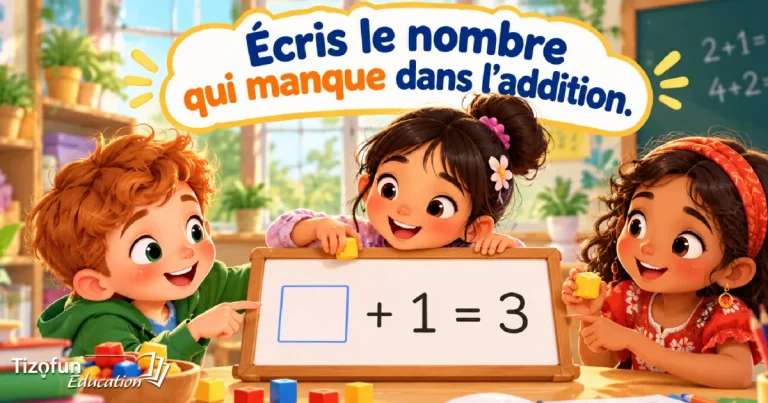 Écris le nombre qui manque dans l'addition : trois enfants tiennent une ardoise où est écrit une case vide + 1 = 3, avec des cubes de couleur sur la table.