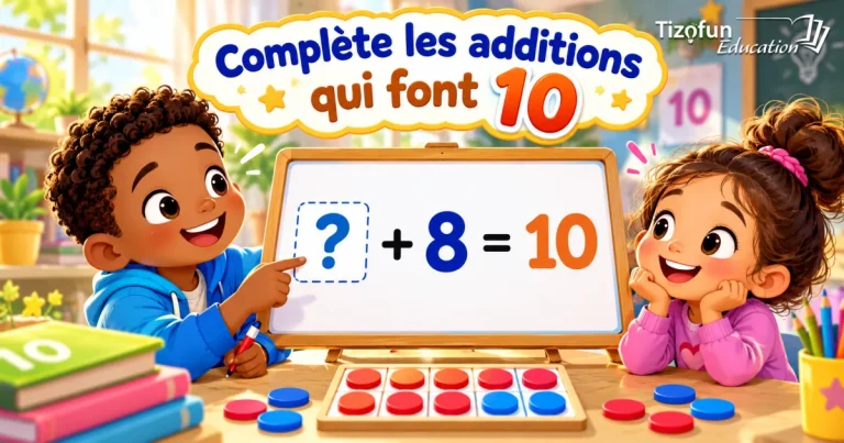 Complète les additions qui font 10 : deux enfants devant un tableau blanc où est écrit ? + 8 = 10, à côté d'une grille de dix jetons rouges et bleus.