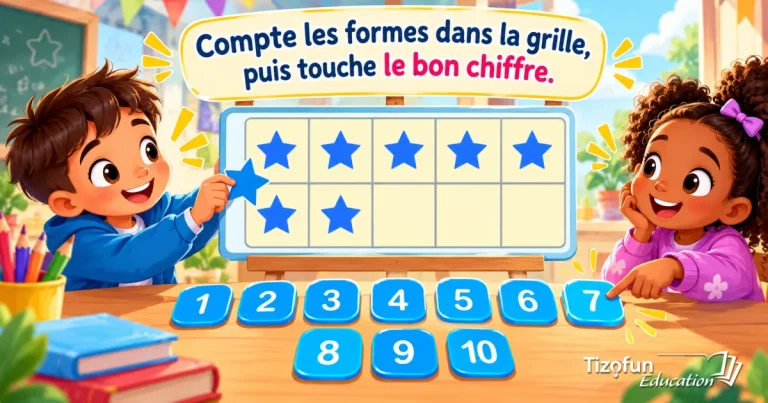 Compte les formes dans la grille, puis choisis le bon chiffre : deux enfants devant une grille de 10 avec sept étoiles et des chiffres de 1 à 10.