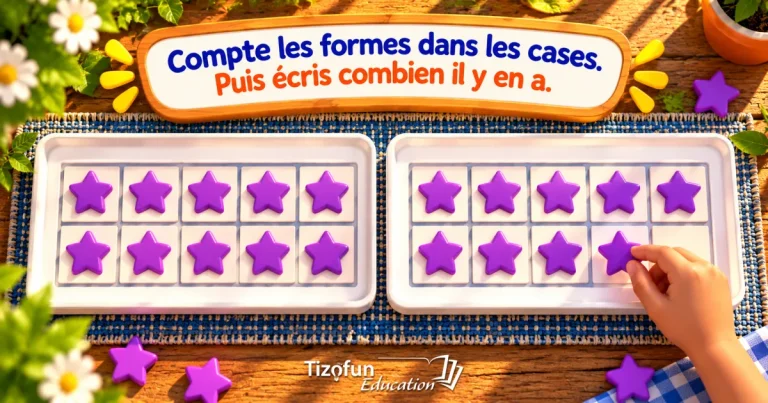 Compte les formes dans les cases, puis écris combien il y en a : deux grilles de 10 garnies d'étoiles violettes, une main pose une étoile dans la seconde grille.