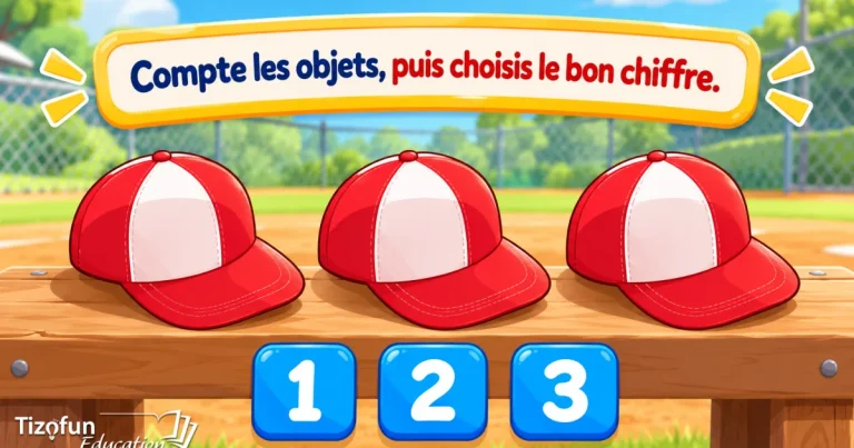 Compte les objets, puis choisis le bon chiffre : trois casquettes rouges posées sur un banc au bord d'un terrain de base-ball, au-dessus des chiffres 1, 2 et 3.