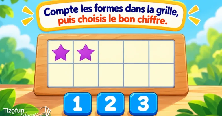 Compte les formes dans la grille, puis choisis le bon chiffre : une grille de 10 avec deux étoiles violettes, au-dessus des chiffres 1, 2 et 3.