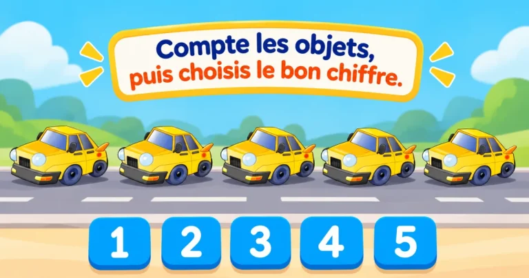 Compte les objets, puis choisis le bon chiffre : cinq voitures jaunes alignées sur une route, au-dessus des chiffres de 1 à 5.