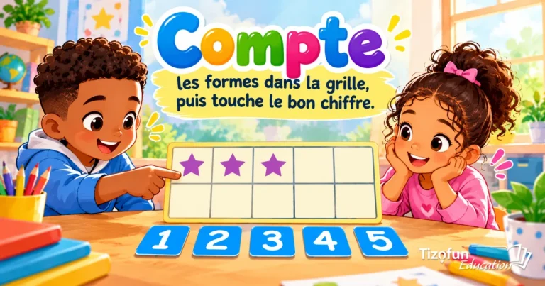 Compte les formes dans la grille, puis choisis le bon chiffre : deux enfants devant une grille de 10 avec trois étoiles et des chiffres de 1 à 5.