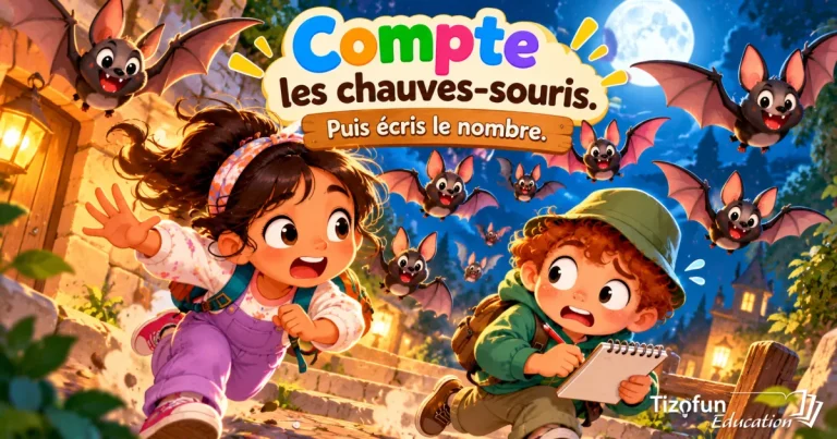 Compte les chauves-souris, puis écris le nombre : deux enfants avec un carnet dans une ruelle, la nuit, entourés de chauves-souris.