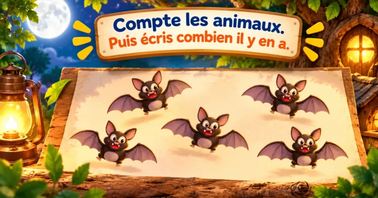 Compte les animaux, puis écris combien il y en a : cinq chauves-souris dessinées sur un grand papier, dans un jardin la nuit, près d'une lanterne.