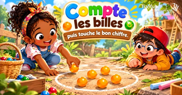 Compte les billes, puis choisis le bon chiffre : deux enfants jouent avec des billes orange dans un cercle tracé à la craie.