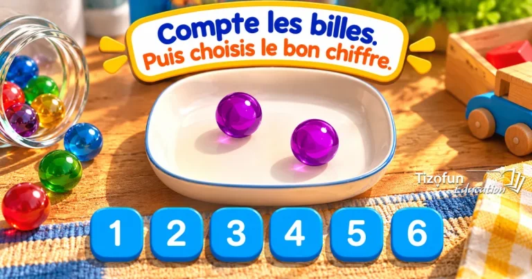 Compte les billes, puis choisis le bon chiffre : deux billes violettes dans un plat blanc, au-dessus des chiffres de 1 à 6.