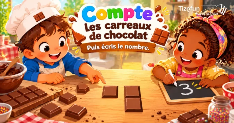 Compte les carreaux de chocolat, puis écris le nombre : un petit pâtissier montre trois carreaux de chocolat, une fillette écrit 3 sur son ardoise.