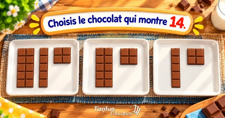 Choisis le chocolat qui montre 14 : trois assiettes de chocolat découpé en barres et en carrés, posées sur une nappe tressée.