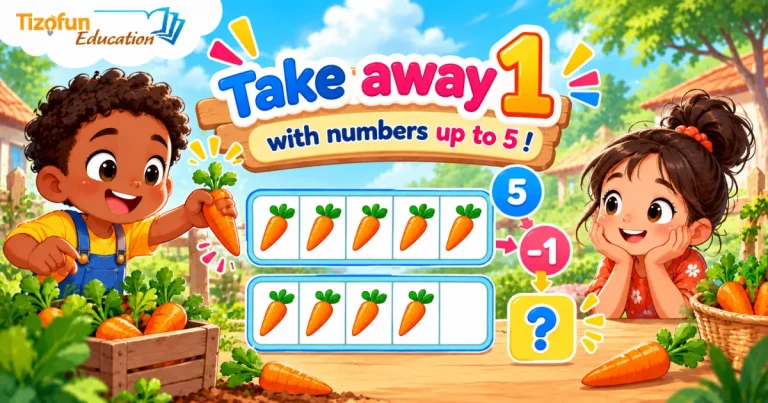 Take away 1 with numbers up to 5: a boy picks a carrot beside a row of five carrots and a row of four, with 5, −1 and a question mark.