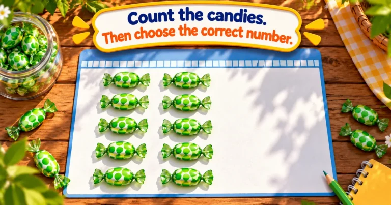 Count the candies, then choose the correct number: green wrapped candies in two columns on a sheet of paper.