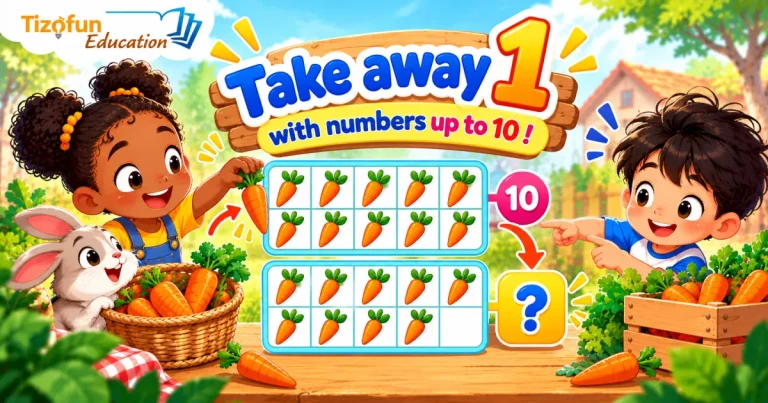 Take away 1 with numbers up to 10: two children and a rabbit beside a ten frame of ten carrots and a frame with one carrot fewer, next to a question mark.