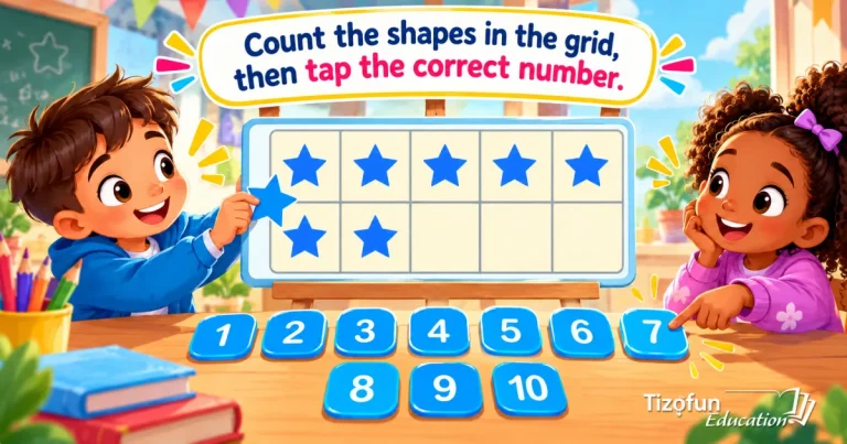 Count the shapes in the grid, then choose the correct number: a ten frame with seven blue stars, two children and number tiles from 1 to 10.