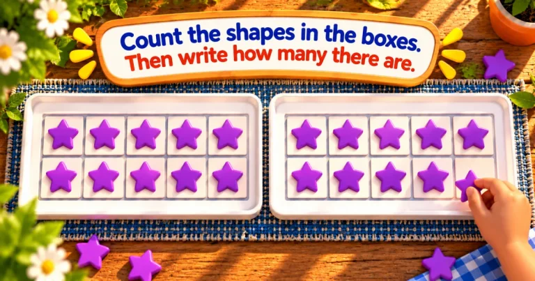 Count the shapes in the boxes, then write how many there are: two ten frames filled with purple stars on a table, a hand placing the last star.