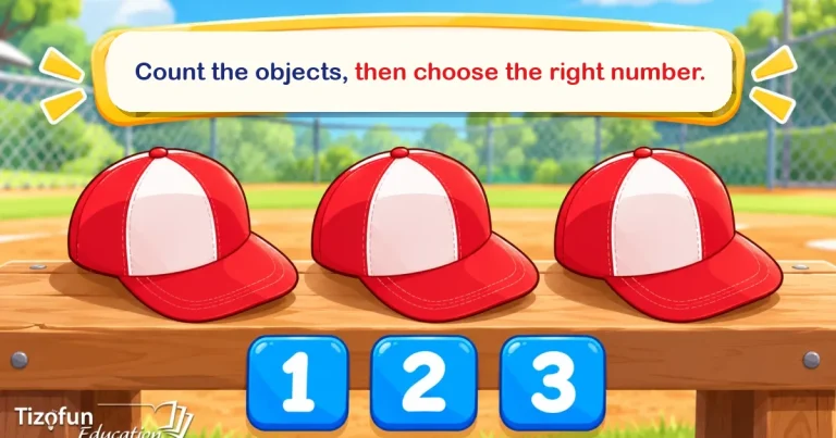 Count the objects, then choose the right number: three red caps on a bench beside a baseball field, above the numbers 1, 2 and 3.