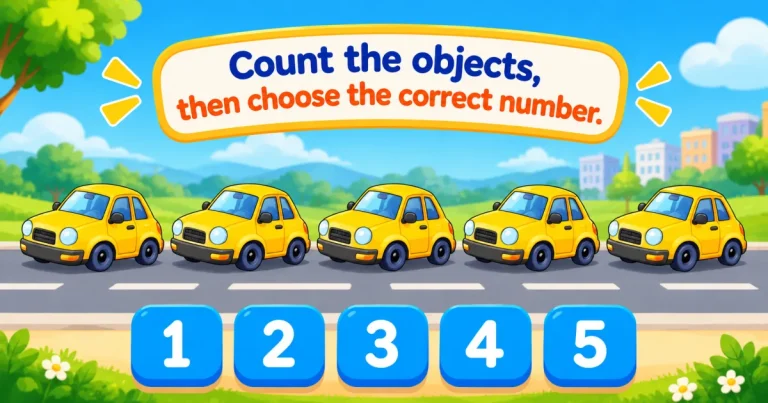Count the objects, then choose the correct number: five yellow cars lined up on a road, above the numbers 1 to 5.