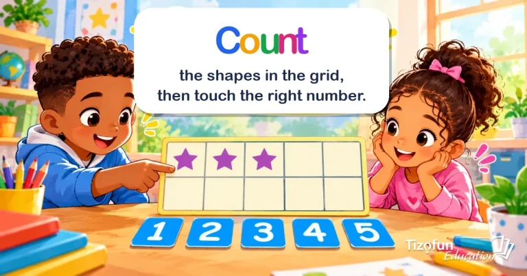 Count the shapes in the grid, then touch the right number: two children in front of a ten frame with three stars and the numbers 1 to 5.
