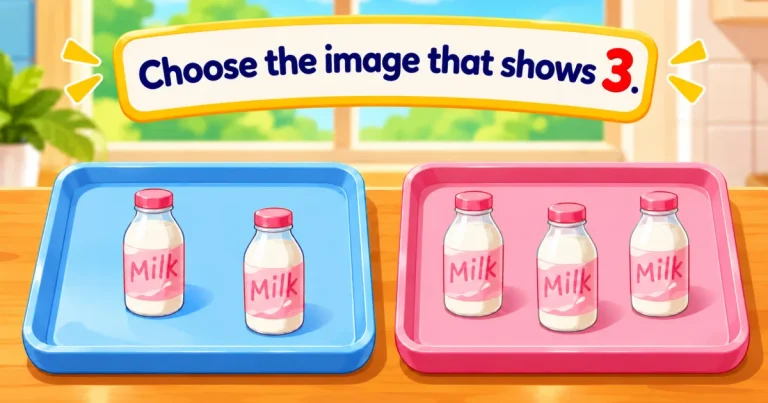 Choose the image that shows 3: a blue tray with two bottles of milk and a pink tray with three bottles of milk.
