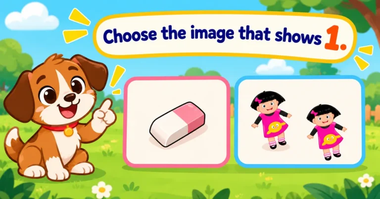 Choose the image that shows 1: a puppy points to two cards, one with an eraser, the other with two dolls.