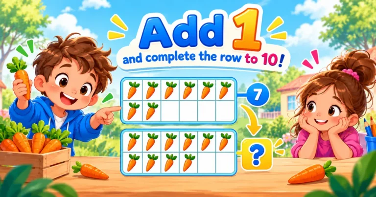 Add 1 and complete the row to 10: a boy holding a carrot points to a ten frame with seven carrots, then a frame with eight, and a question mark.