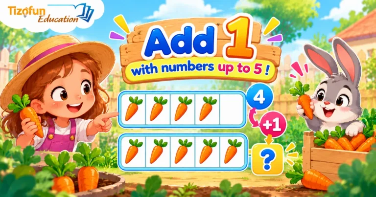 Add 1 with numbers up to 5: a girl and a rabbit beside a row of four carrots, then a row of five, with 4, +1 and a question mark.