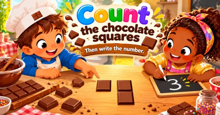 Count the chocolate squares, then write the number: a little pastry chef points to three squares of chocolate and a girl writes 3 on her slate.