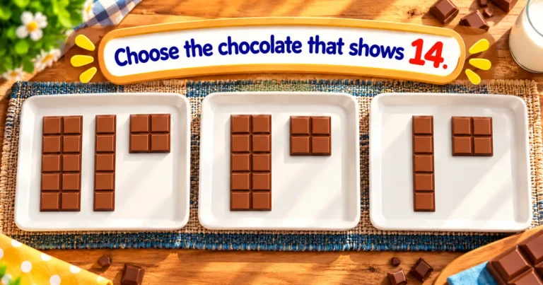 Choose the chocolate that shows 14: three white plates with chocolate bars and squares on a table.
